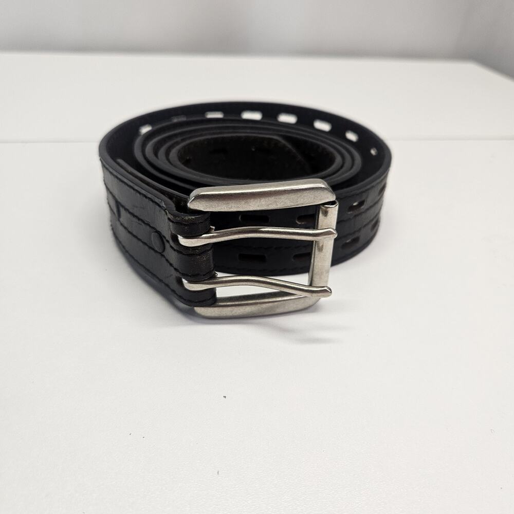 Vintage Genuine Leather Double Prong Belt Pin Buckle Black Unisex One Size